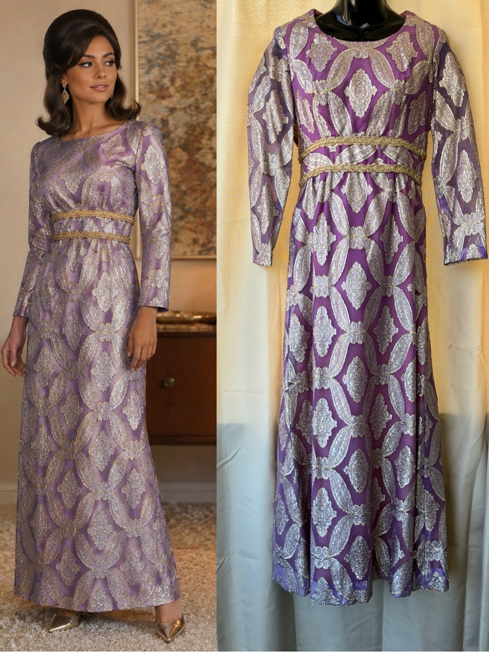 Vintage 60s Purple Metallic Brocade Chiffon Gown Maxi Dress Union Made in USA